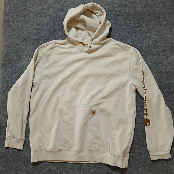 Carhartt Hoodie Mens 2XL White Loose Fit Fleece Pullover Logo Graphic Arm Print - Picture 1 of 5